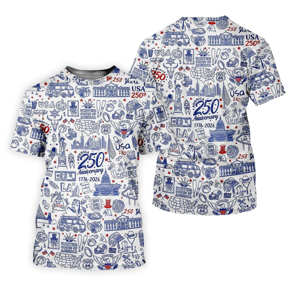 America 250 Anniversary US Symbols Doodle Pattern Patriotic Golf Shirt, 4th Of July Golf Shirts For Men