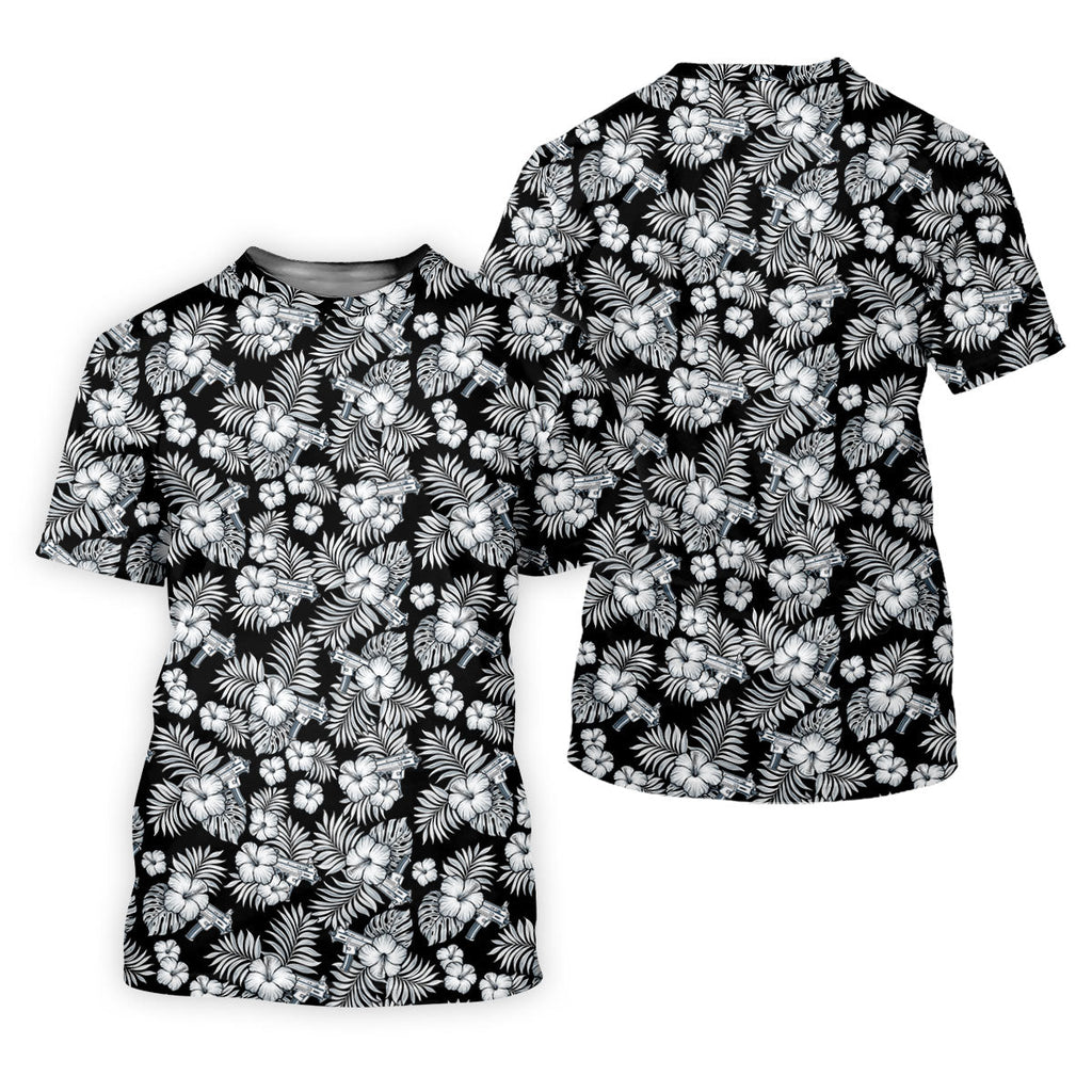 Black And White Pattern Tropical Hawaiian Golf Shirt, Summer Theme Golf Shirts For Men