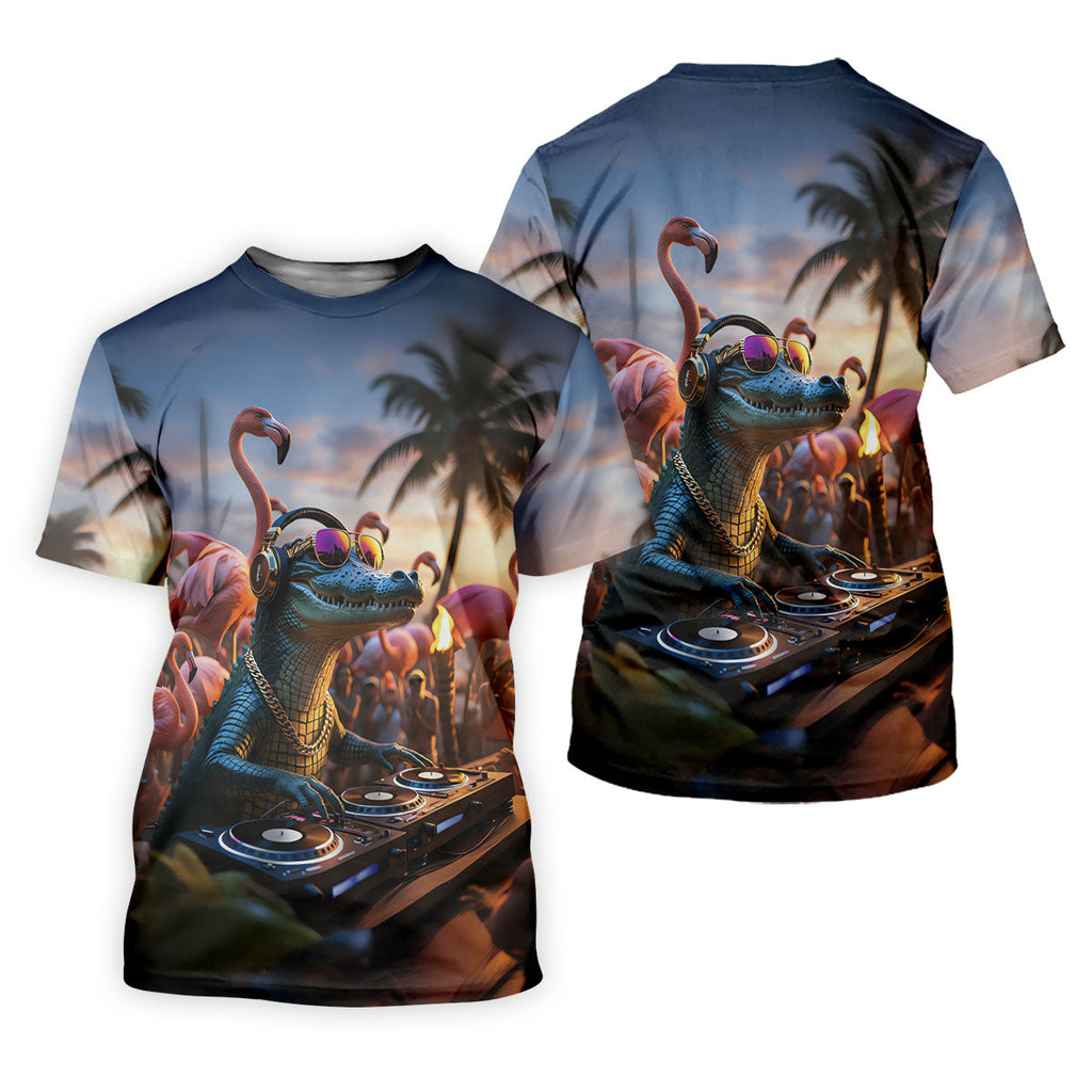 Funny Crocodile DJ Mardi Gras Festival Flamingo Golf Shirt, Polo Shirts For Men, Golf Shirts For Men