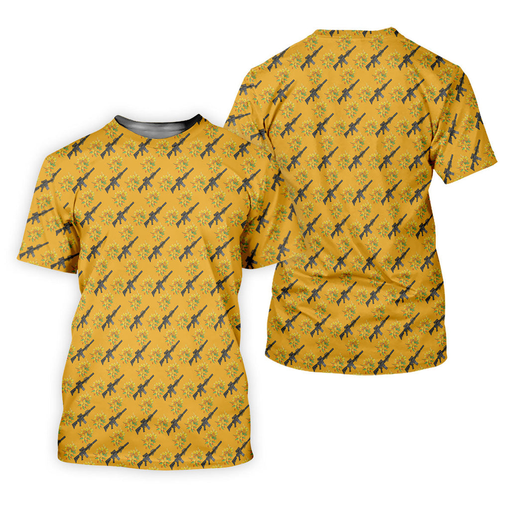 Gun And Flower Yellow Lily Flower Seamless Pattern Yellow Golf Shirt, Golf Tops For Men, Golf Shirts For Men