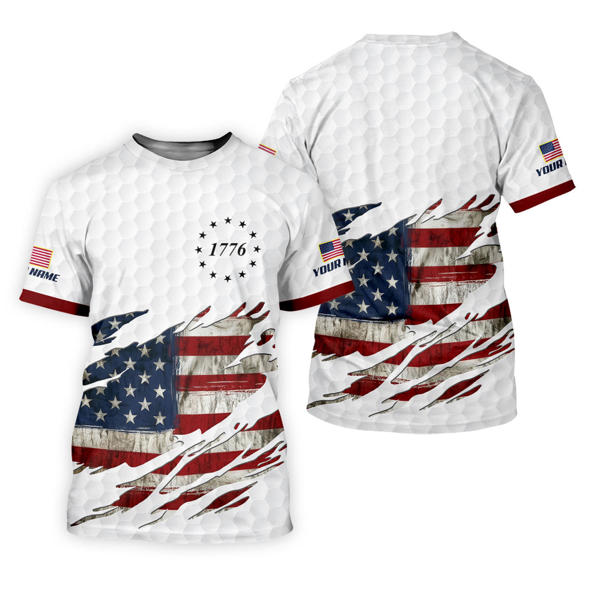American Flag 1776 Golf Ball Pattern Golf Shirts For Men, 250th Anniversary Polo Shirts For Men