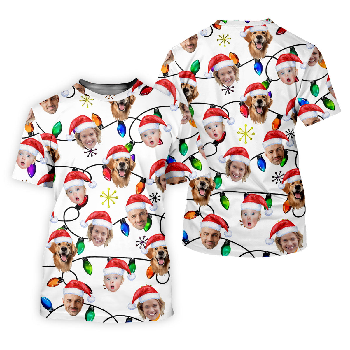 Custom Family Portrait Christmas Lights Pattern Men's Golf Polo Shirts, Christmas Golf Shirt, Golf Gift For Men