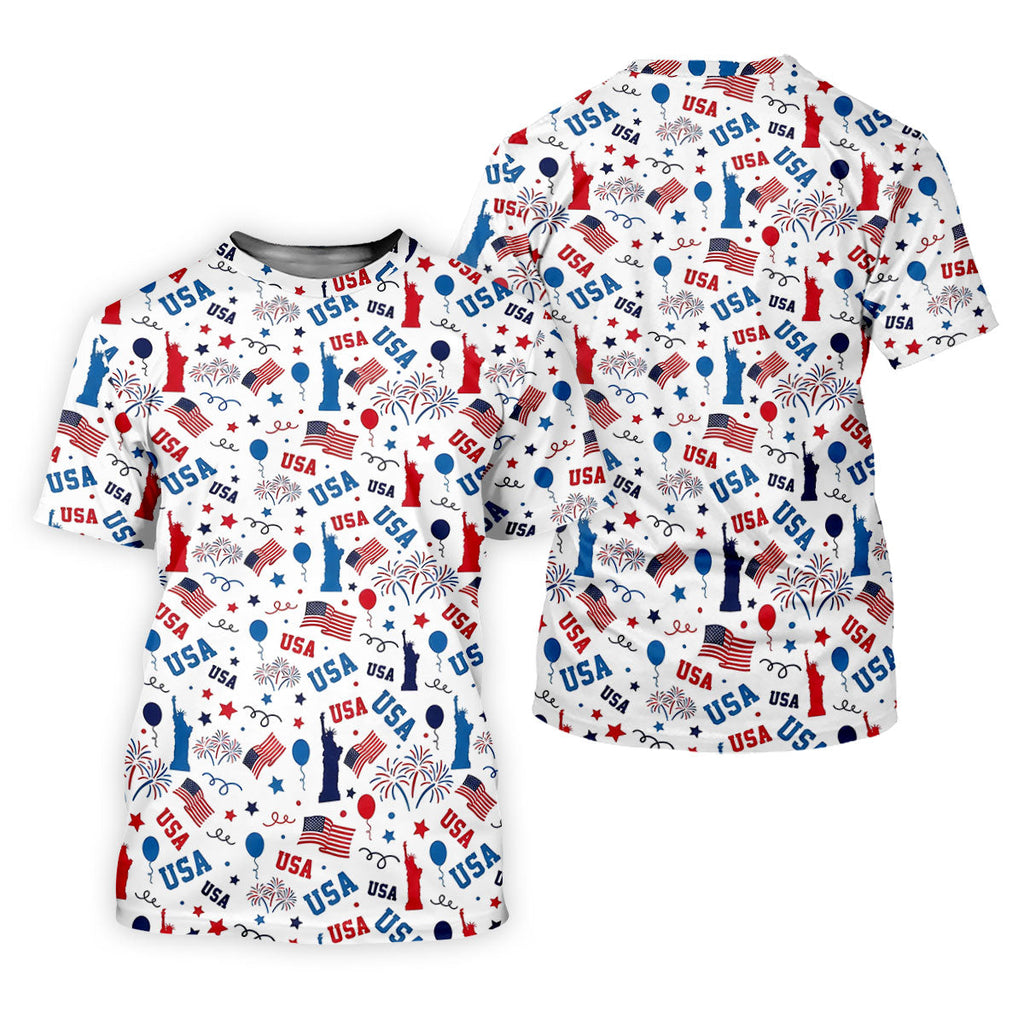 USA Red White Blue Seamless Pattern White Golf Shirt, 250th Anniversary Patriotic 4th Of July Golf Shirts For Men