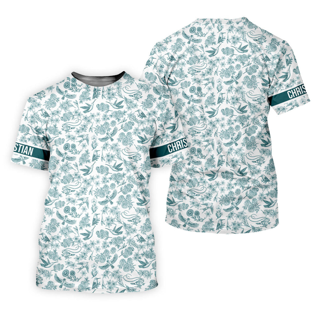 Custom Name Toile de Jouy Birds And Flowers Teal And White Polo Shirts For Men, Golf Gift For Men