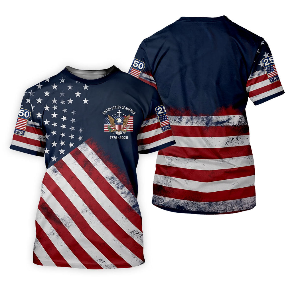US Bald Eagle Distressed Flag 250 Faith Cross Golf Tops For Men, Patriotic 4th Of July Golf Shirts For Men