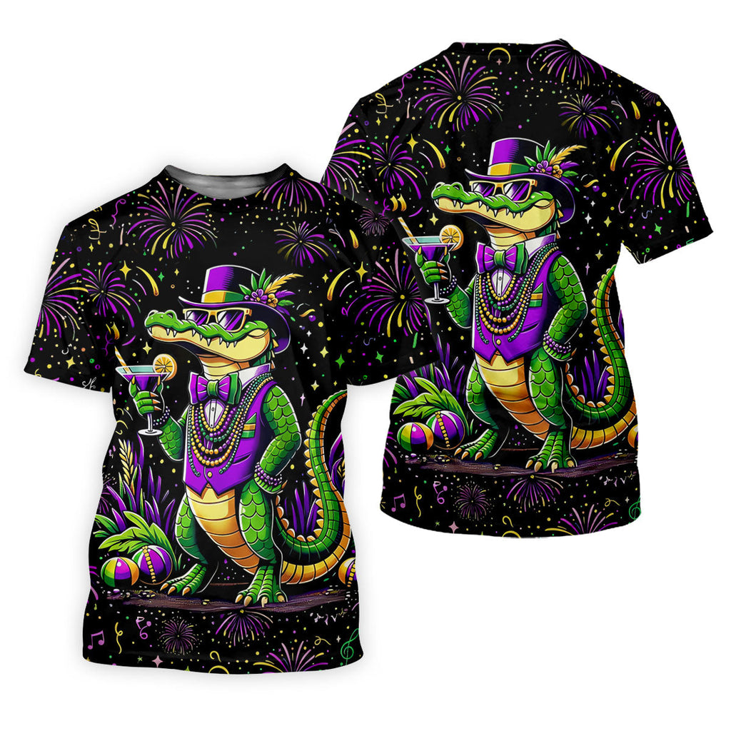 Mardi Gras Aligator Purple Green Gold Confetti Star Golf Tops For Men, Polo Shirts For Men, Golf Shirts For Men