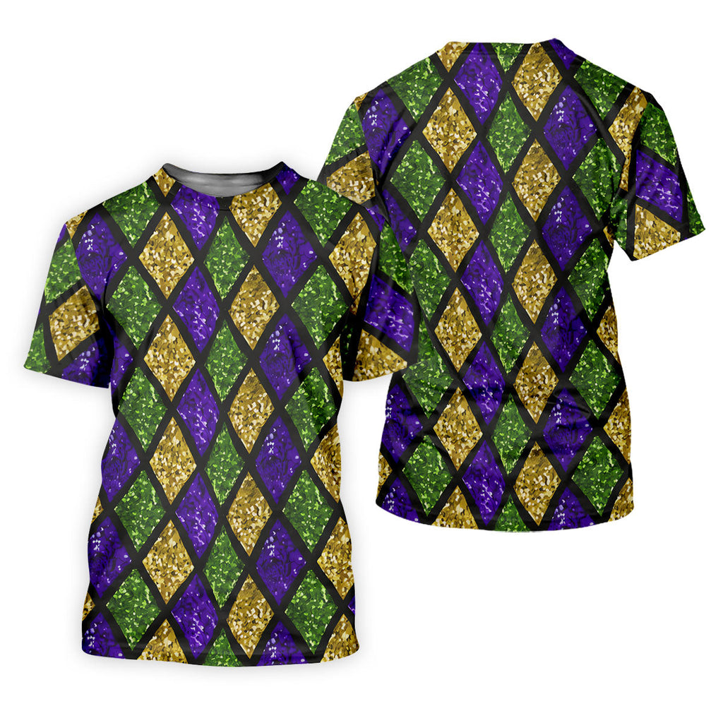 Green Purple Gold Argyle Pattern Sparkling Effect Mardi Gras Golf Shirt, Polo Shirts For Men, Golf Shirts For Men
