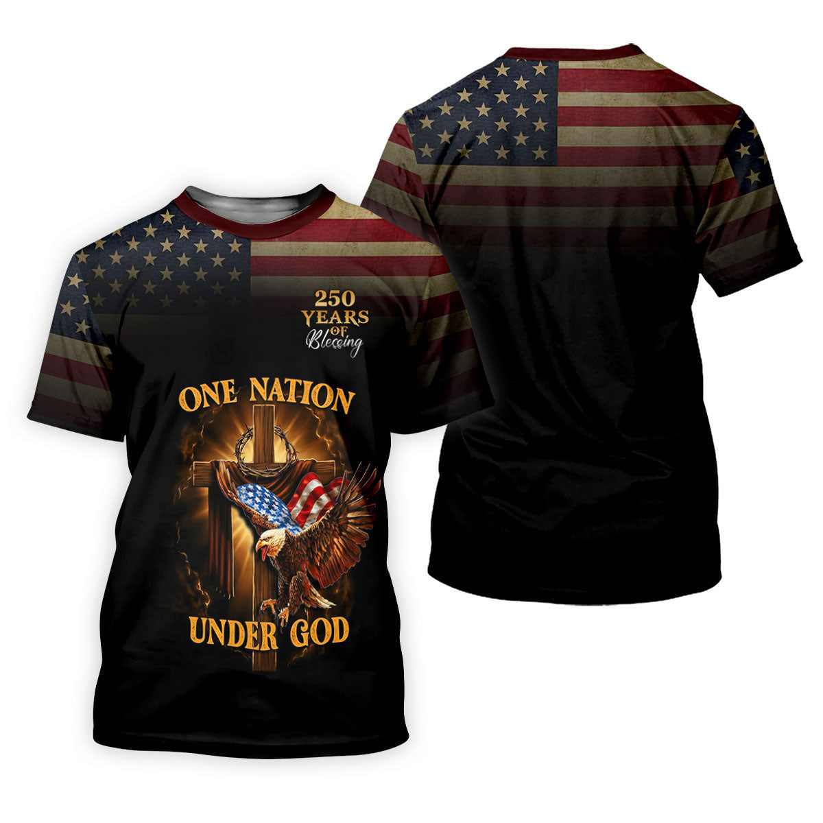One Nation Under God 250 Years Faith Cross Golf Tops For Men, Patriotic US Flag Father's Day Golf Shirt