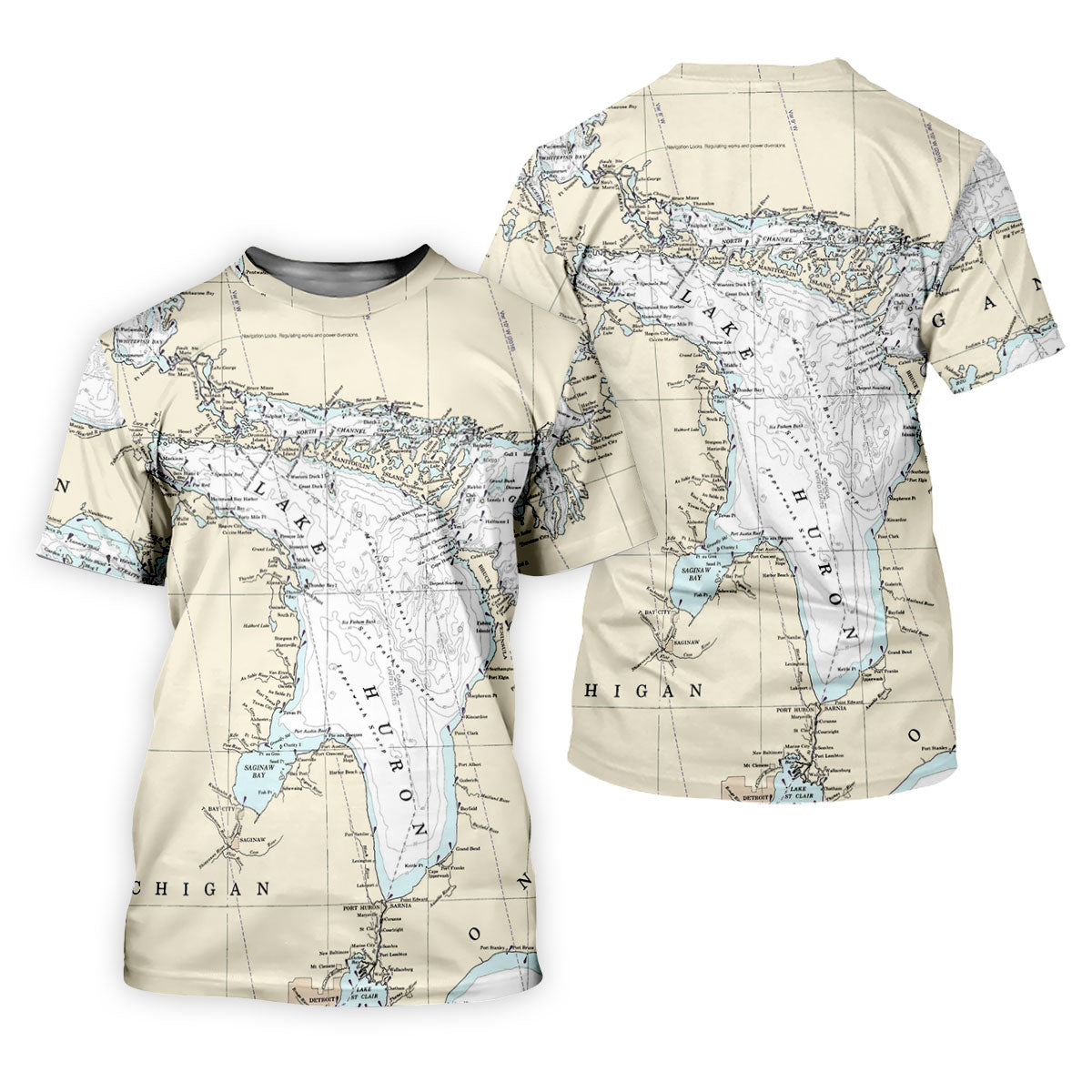 Vintage Lake Huron Map UPF Shirt, Long Sleeve Fishing Shirt For Men, Fishing Sun Shirt