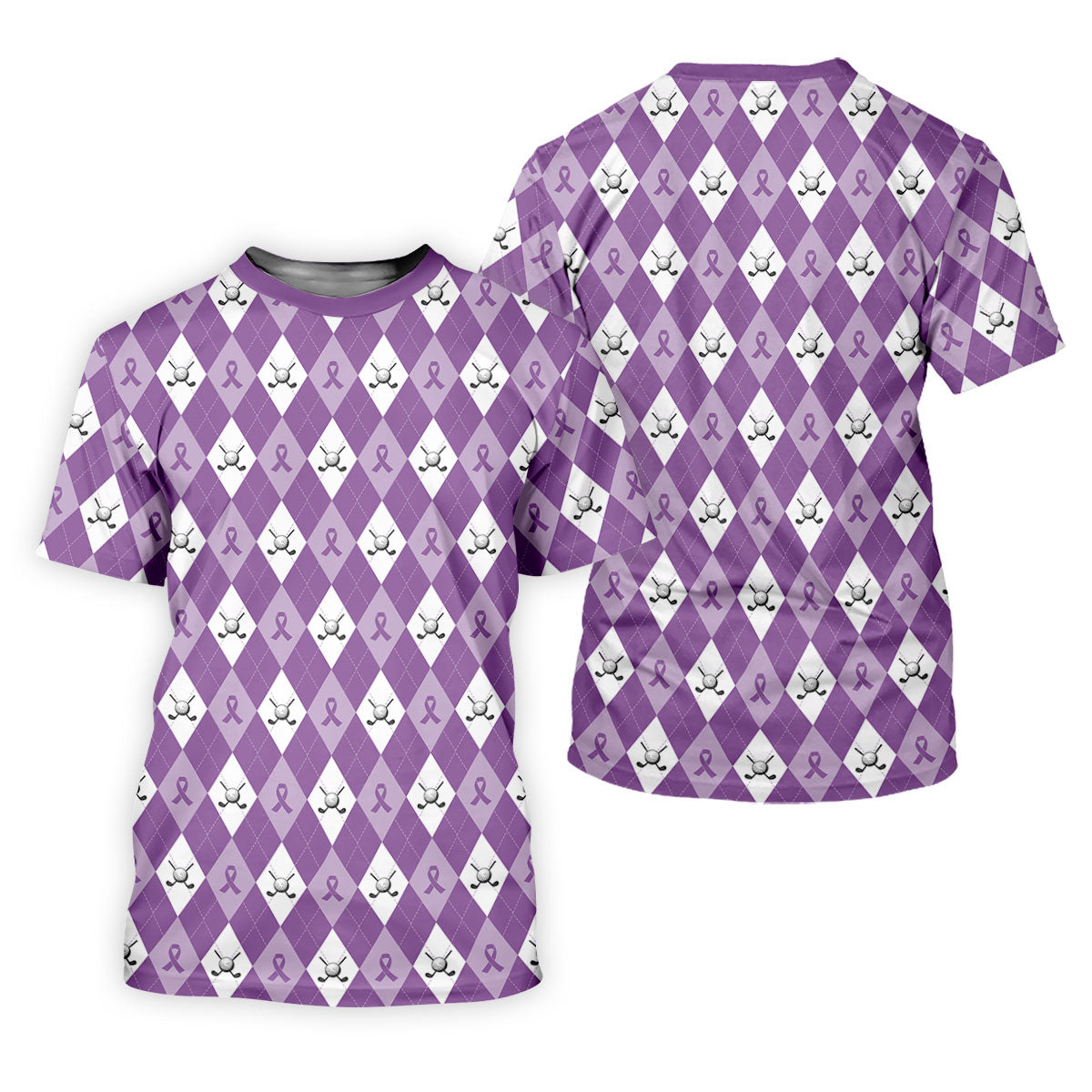 Pancreatic Cancer Purple And White Argyle Pattern Ladies Golf Shirts, Cancer Awareness Shirt