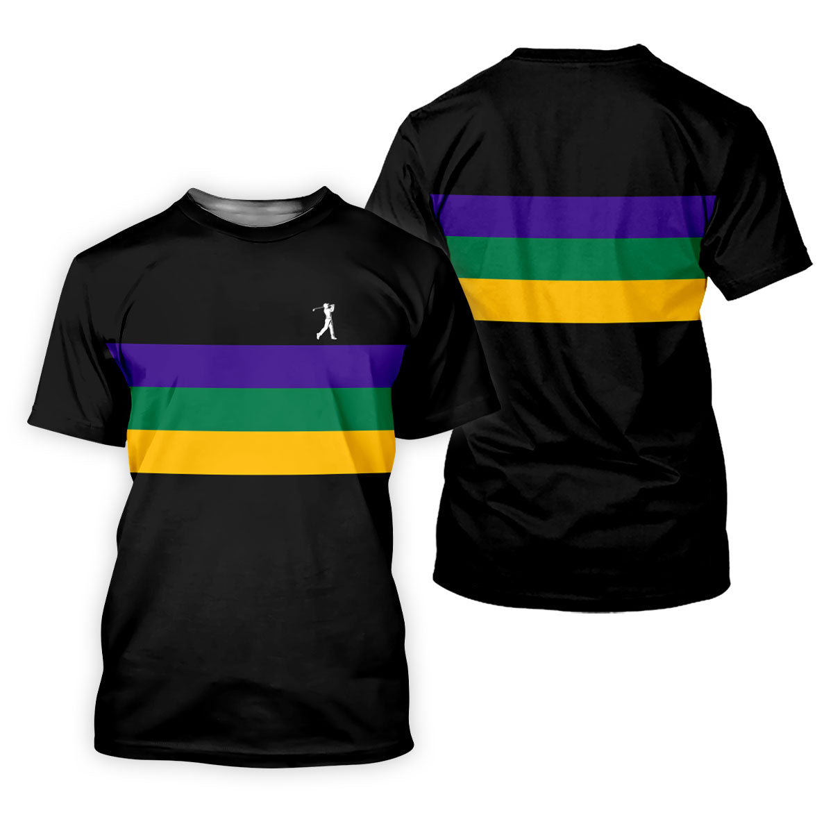 Mardi Gras Purple Green Gold Horizontal Stripes Black Golf Shirt, Golf Tops For Men, Polo Shirts For Men
