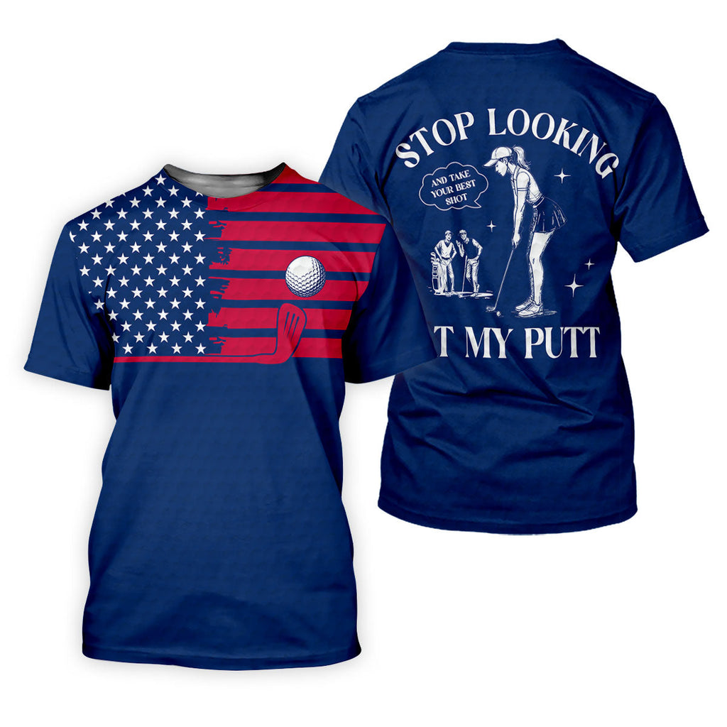 Stop Looking At My Putt US Flag Pattern Funny Golf Shirt, 250 Years 4th Of July Patriotic Golf Shirts For Men