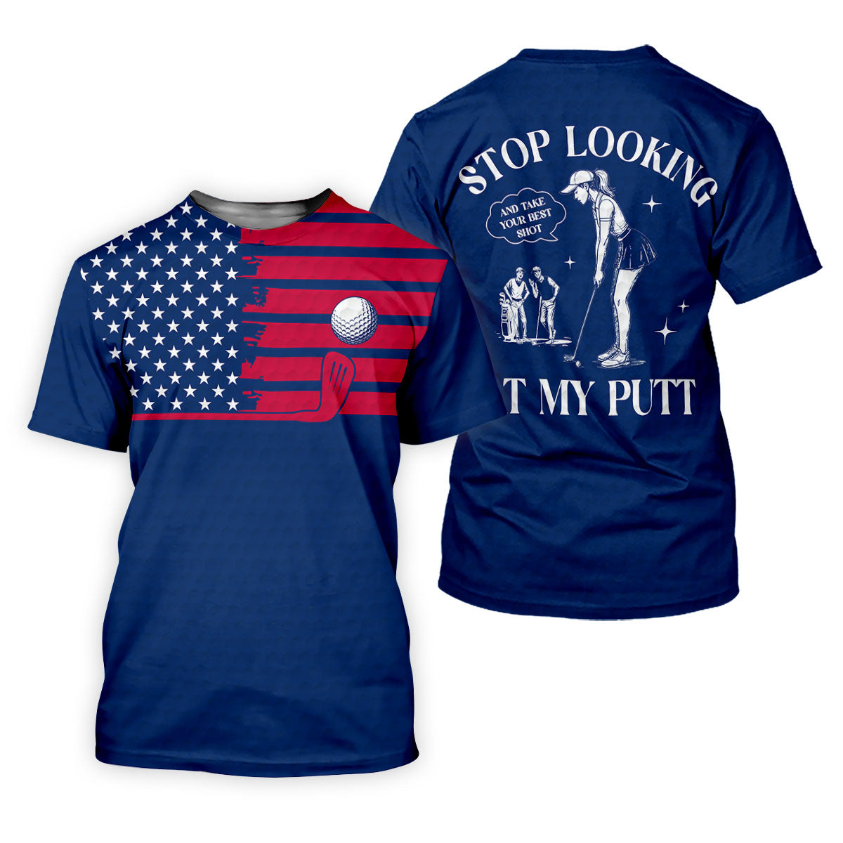 Stop Looking At My Putt US Flag Pattern Funny Golf Shirt, 250 Years 4th Of July Patriotic Golf Shirts For Men