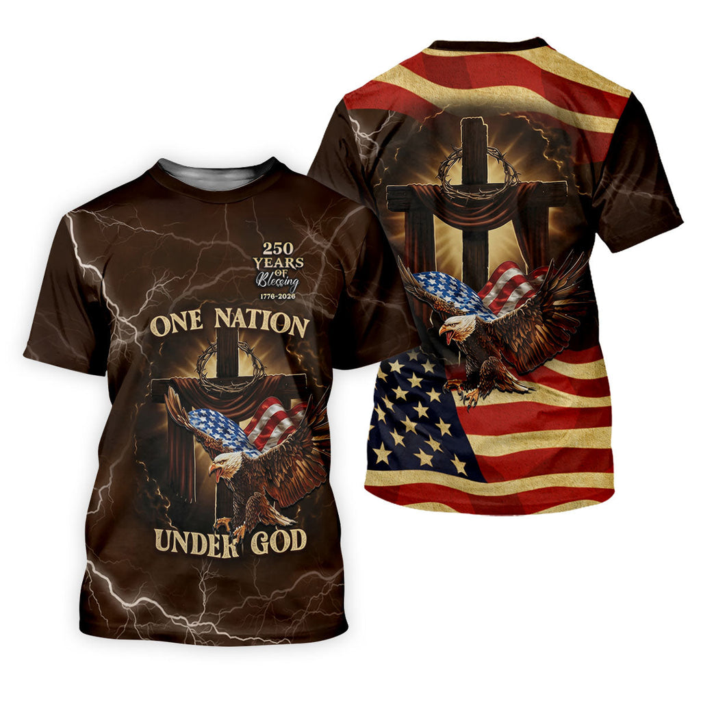 One Nation Under God 250 Years Faith Cross Golf Tops For Men, Patriotic Father's Day Golf Shirt
