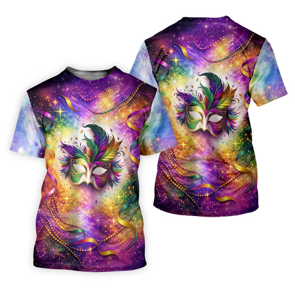 Carnival Mask Feather Print Purple Green Gold Dazzling Effect Mardi Gras Polo Shirts For Men, Golf Shirts For Men