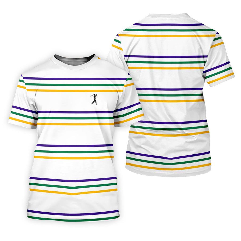 Mardi Gras Purple Green Gold Stripe Pattern Golf Tops For Men, Men's White Polo, Golf Shirts For Men