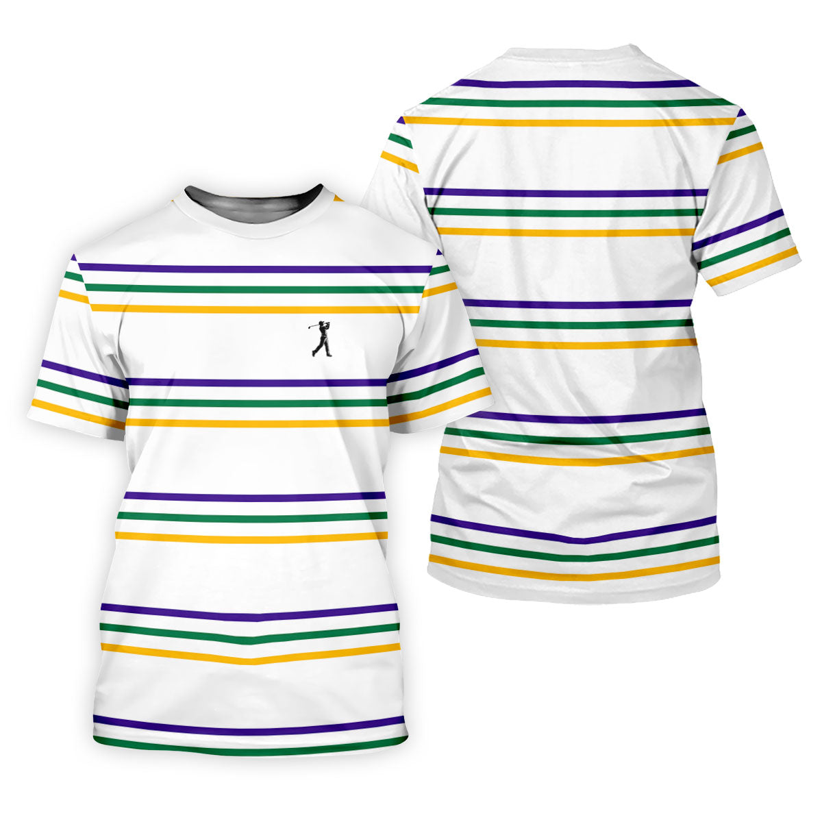 Mardi Gras Purple Green Gold Stripe Pattern Golf Tops For Men, Men's White Polo, Golf Shirts For Men