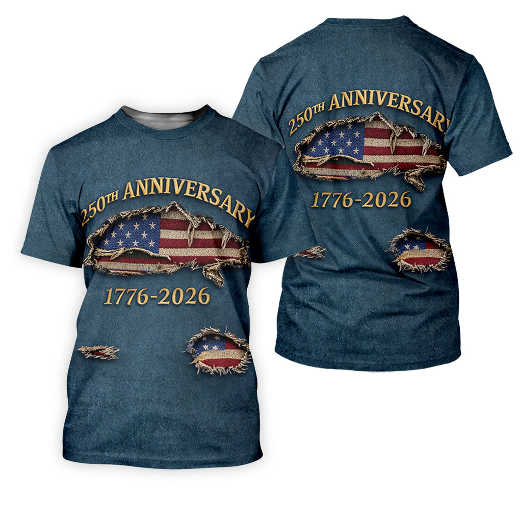 Patriotic American Flag 250th Anniversary Blue Denim Color Ripped Effect Golf Shirts For Men, Polo Shirts For Men