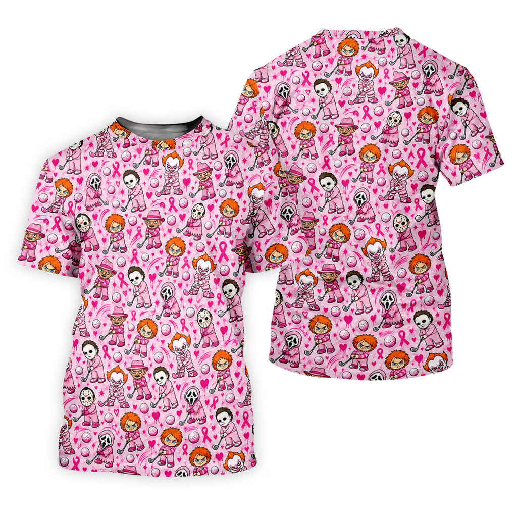 Halloween Horror Character Breast Cancer Polo Shirt, Mens Golf Shirts, Mens Golf Apparel