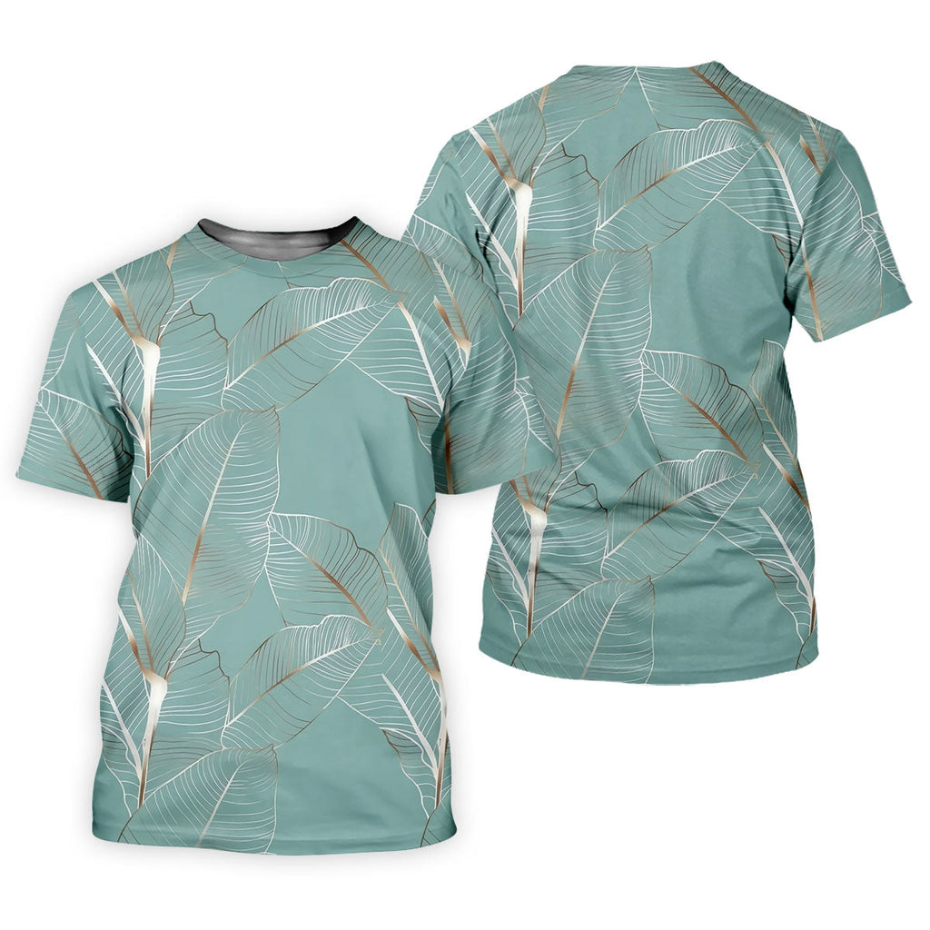 Tropical Leaves Blue Grey Golf Shirt, Summer Hawaiian Golf Shirt, Golf Shirts For Men