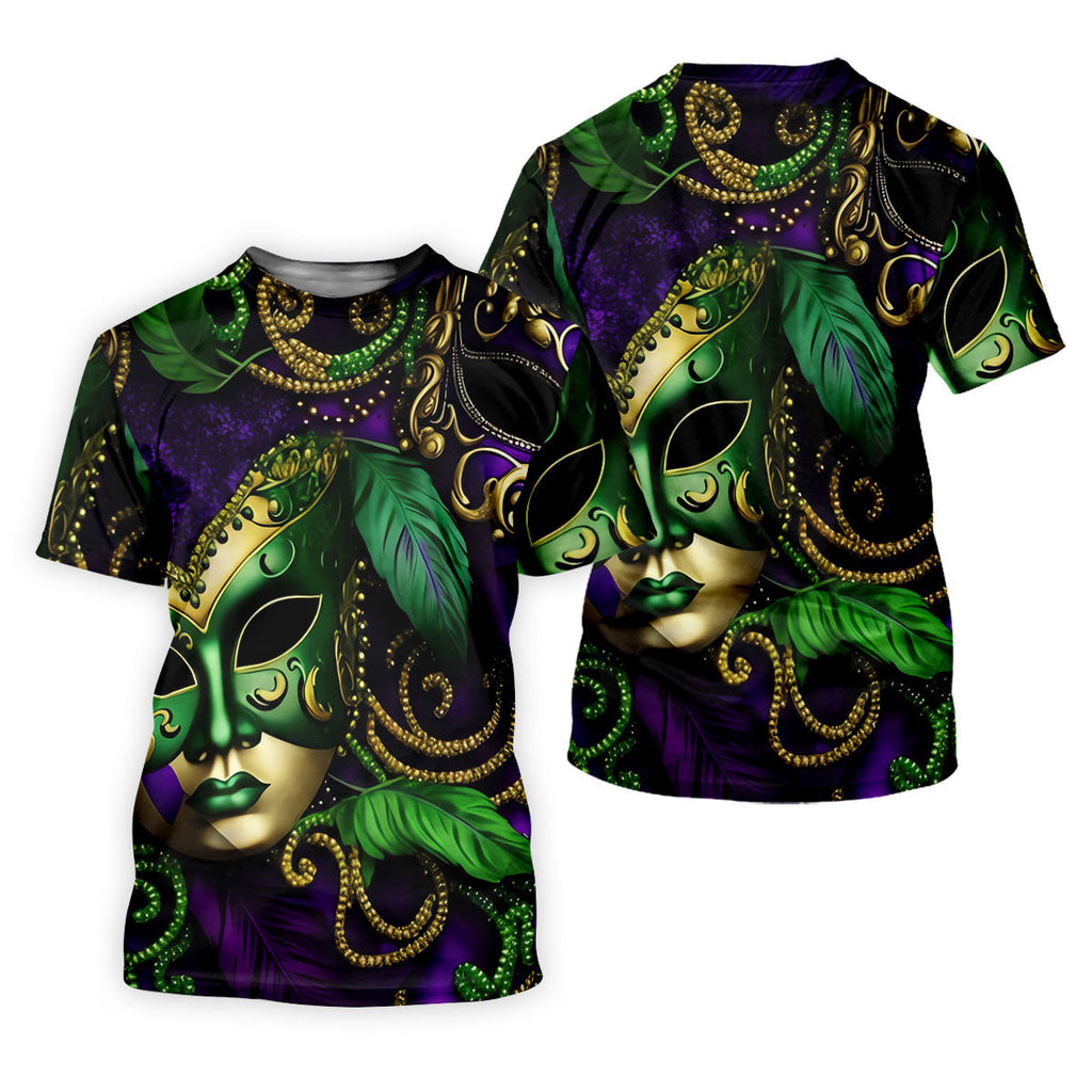 Purple Green Gold Carnival Mask Feather Print Mardi Gras Golf Shirt, Polo Shirts For Men, Golf Shirts For Men