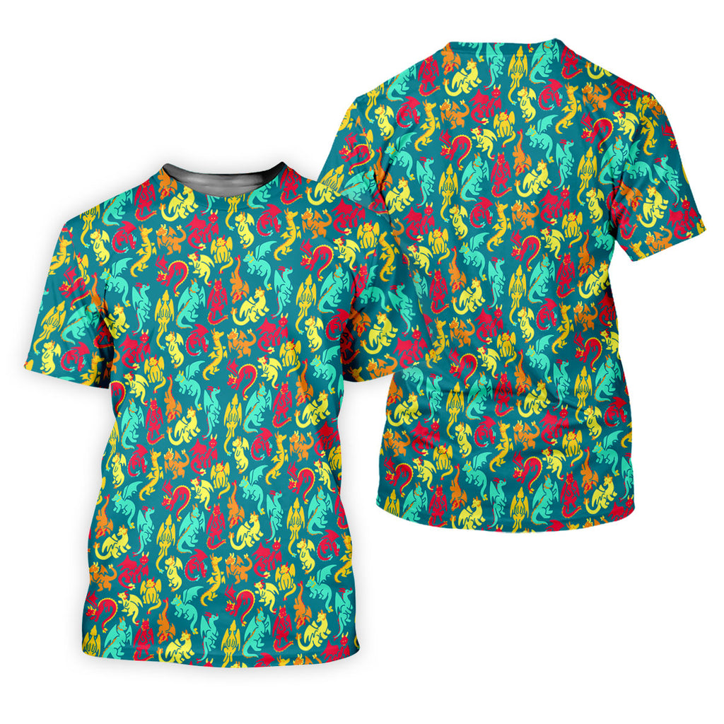 Cartoon Dragons Colorful Golf Shirt, Cute Golf Outfit, Polo Shirts For Men, Golf Shirts For Men
