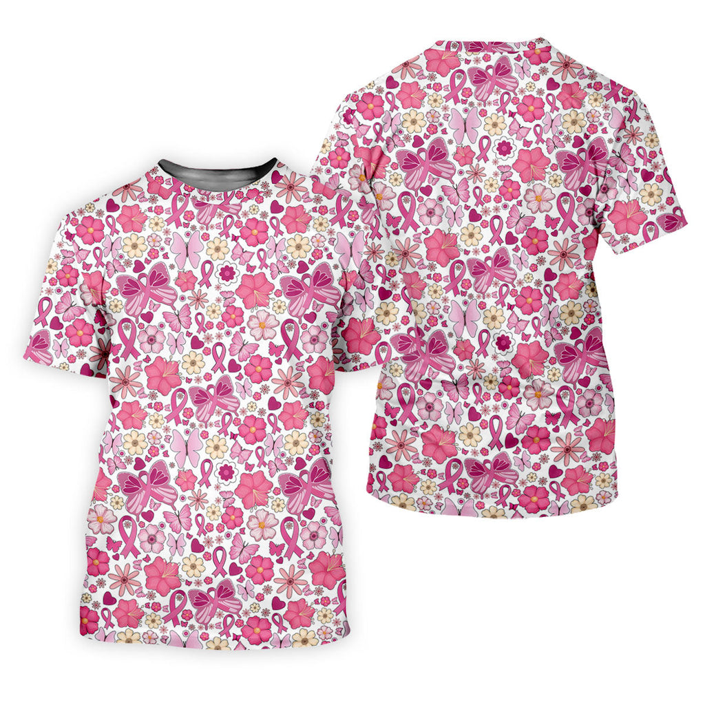 Breast Cancer Pink Ribbon Floral Golf Shirt, Cancer Awareness Shirt, Polo Shirts For Men, Golfing Apparel