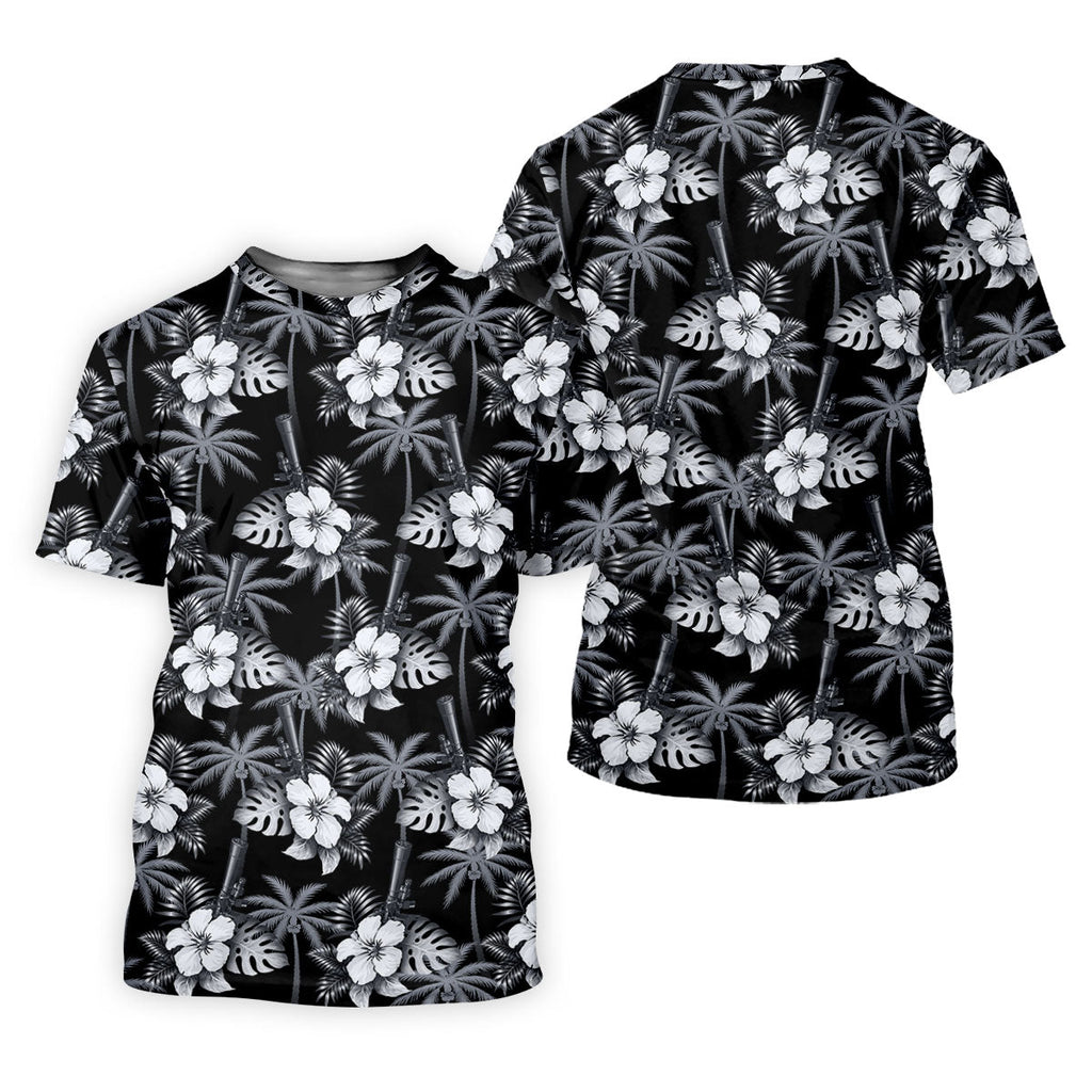White Hibicus Black Hawaiian Golf Shirt, Tropical Summer Theme Golf Shirts For Men