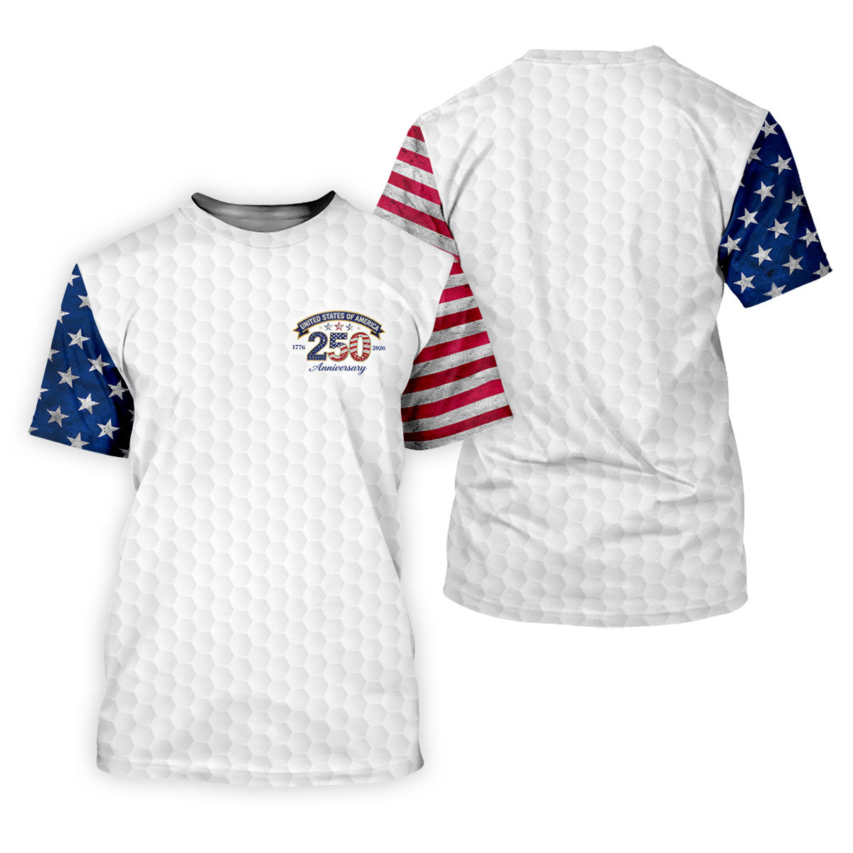 250th Anniversary Golf Ball Pattern White Golf Shirt, Patriotic 4th Of July Golf Shirt, Golf Shirts For Men