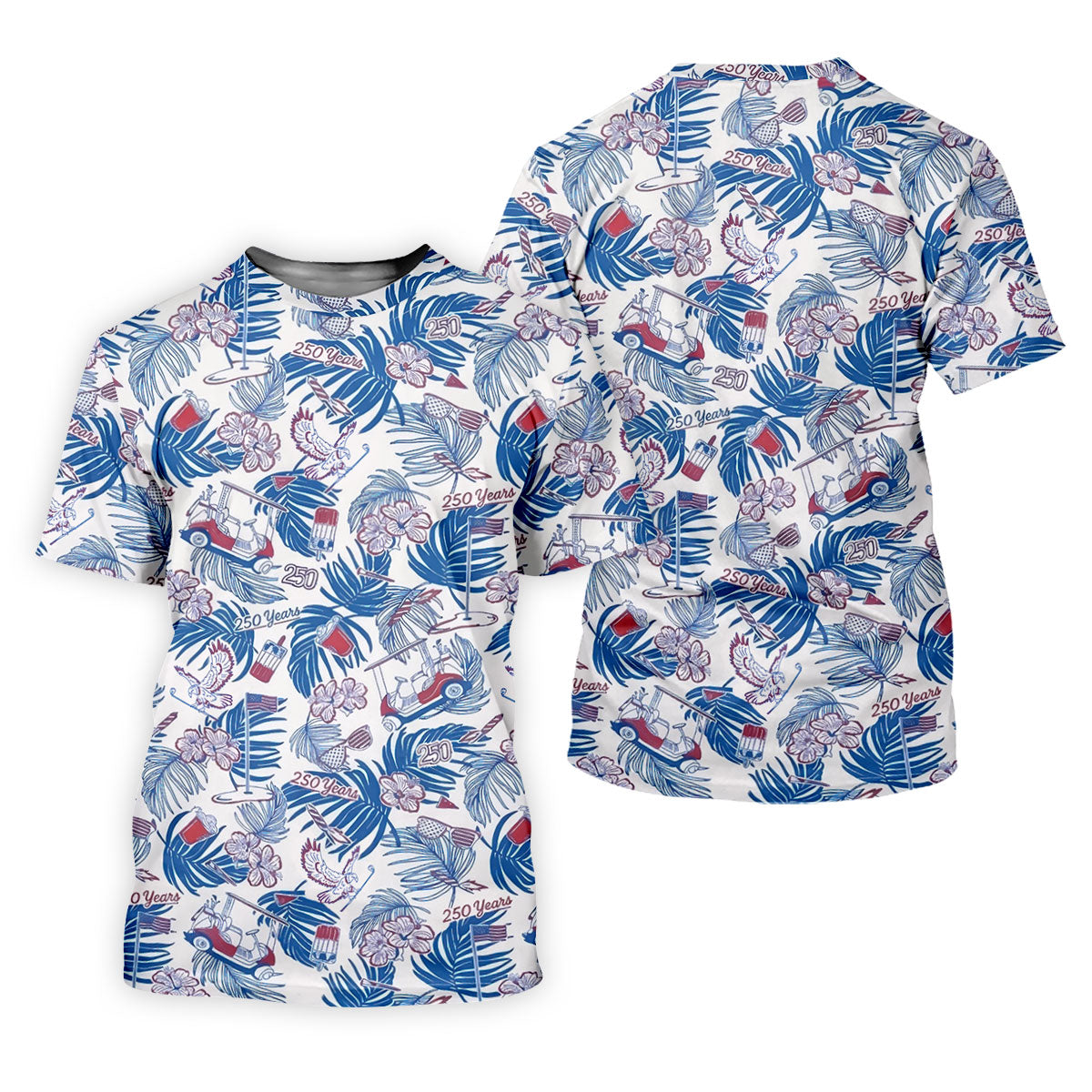 250 Years Red White Blue Tropical Floral Patriotic Golf Shirt, 4th Of July Golf Shirts For Men