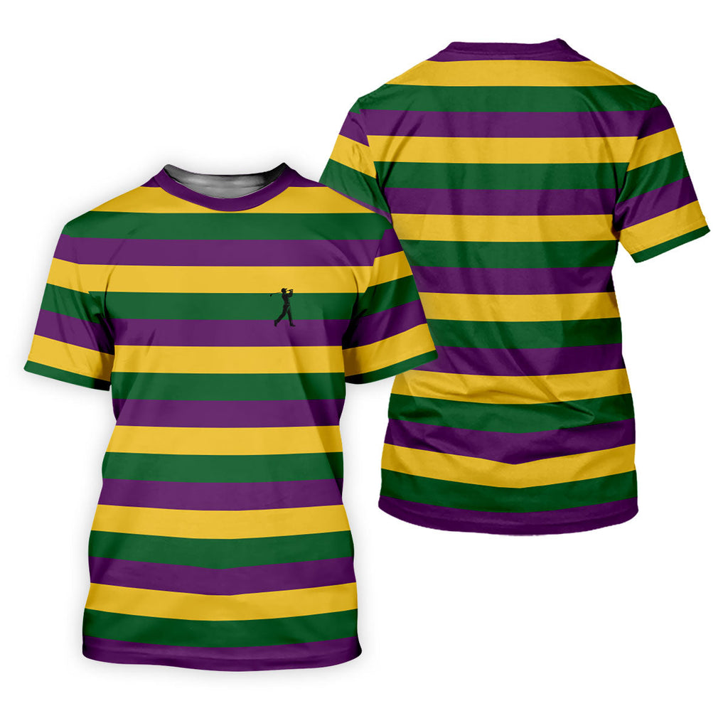 Gold Purple Green Mardi Gras Stripe Pattern Men's Golf Polo Shirts, Golf Gift For Men, Golf Shirts For Men