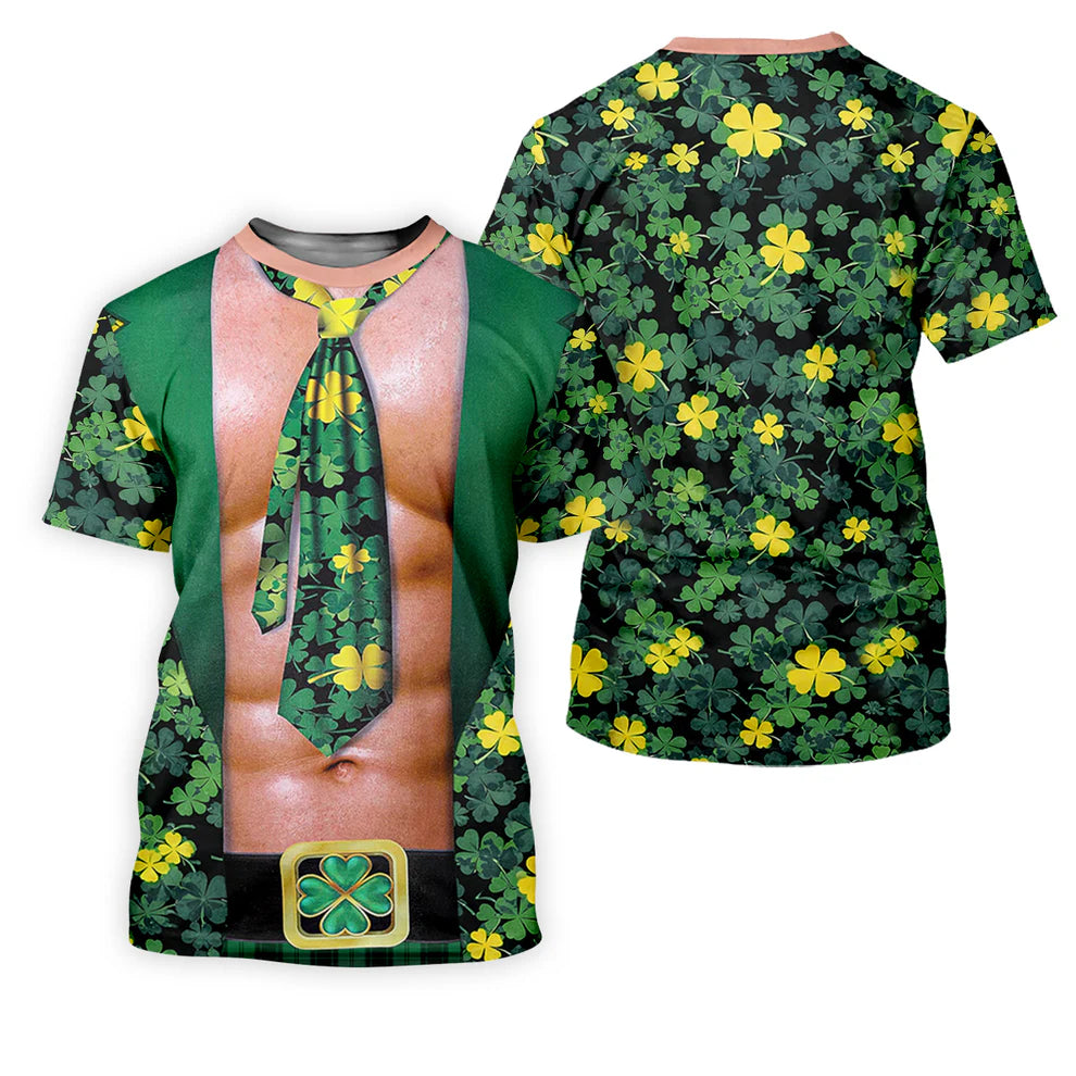 Funny St Patrick's Day Six Pack Abs Tie Shirt, Men's Lucky Shamrock Novelty Graphic Tee