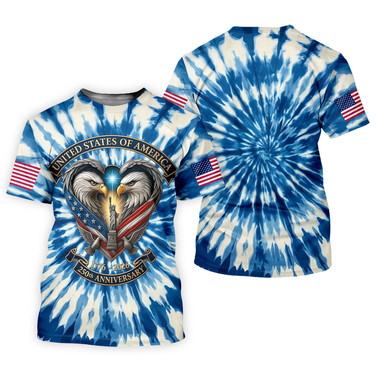 USA 250th Anniversary Tie Dye Print Bald Eagle Golf Shirt, Patriotic 4th Of July Golf Shirts For Men