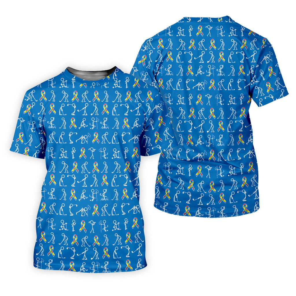 Stick Figure Golf Pose Autism Ribbon Blue Golf Shirt, Autism Awareness Colors Ladies Golf Polos