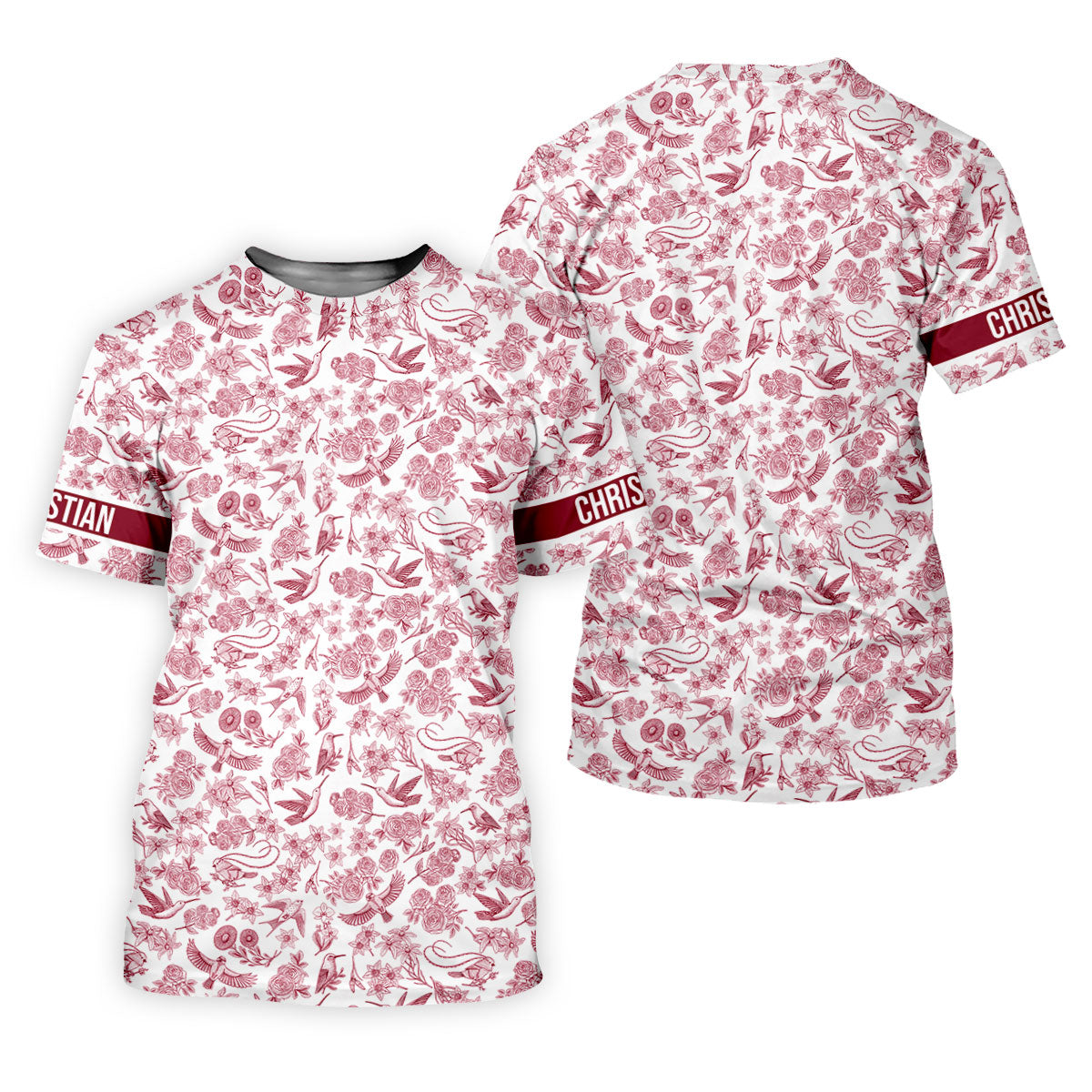 Custom Name Toile de Jouy Birds And Flowers White And Red Polo Shirts For Men, Golf Gift For Men