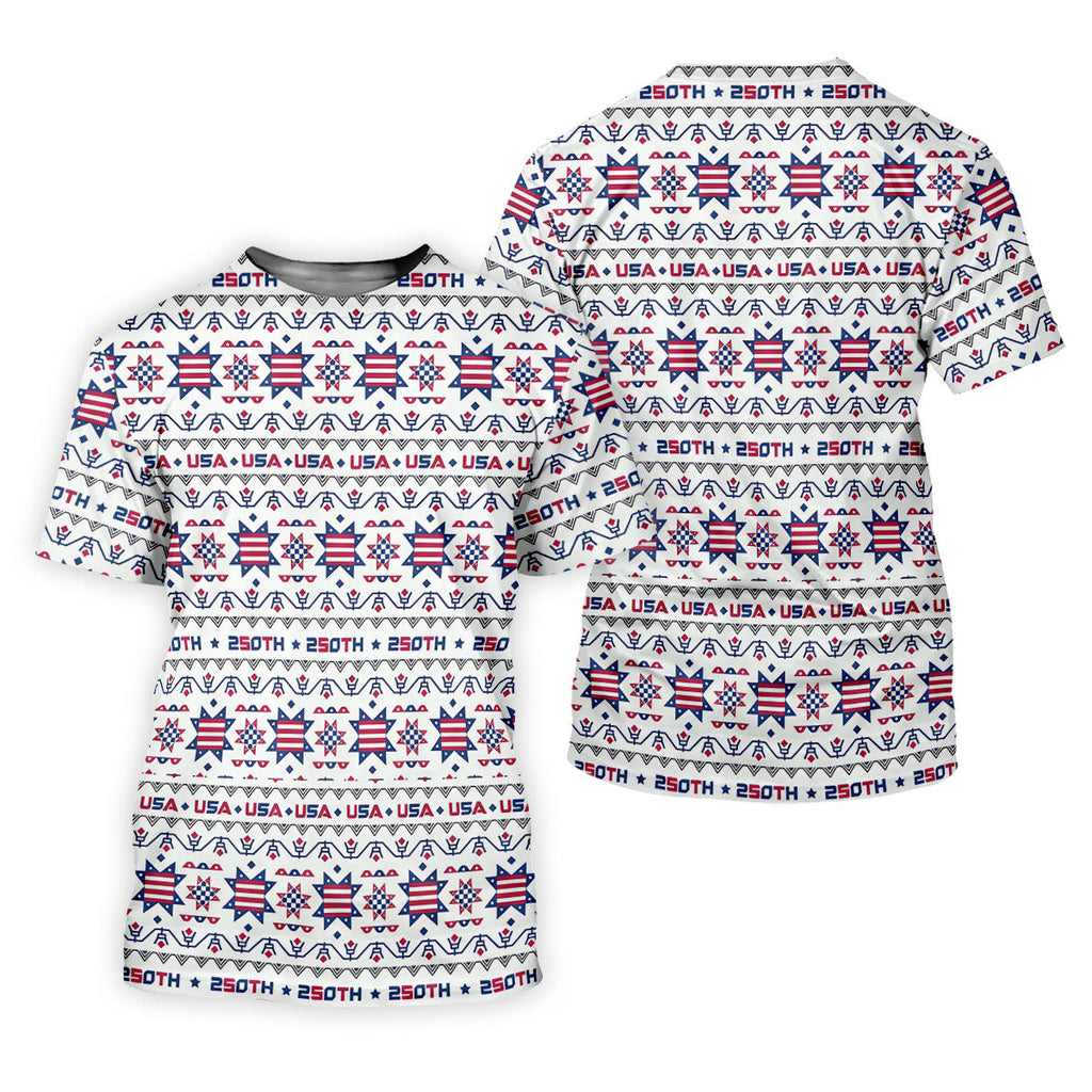 Red White Blue Ohio Star Quilt Pattern 4th Of July Golf Shirts For Men, 250th Anniversary Patriotic Golf Shirt