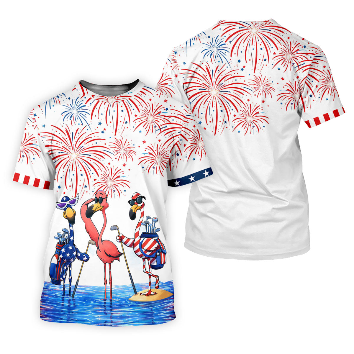 Funny Flamingo American Flag Pattern White Golf Shirt, 250th Anniversary Patriotic Golf Shirt, Golf Shirts For Men