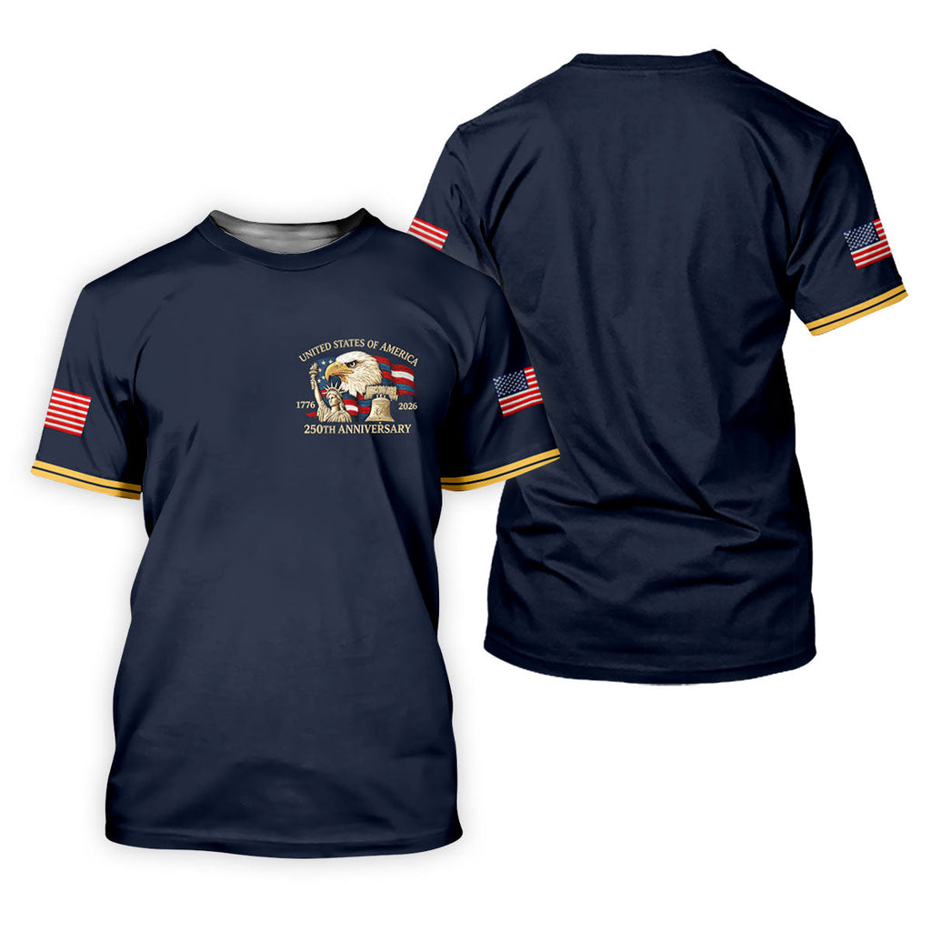 Bald Eagle American Flag 250 Years Navy Golf Shirt, Patriotic 4th Of July Golf Shirts For Men