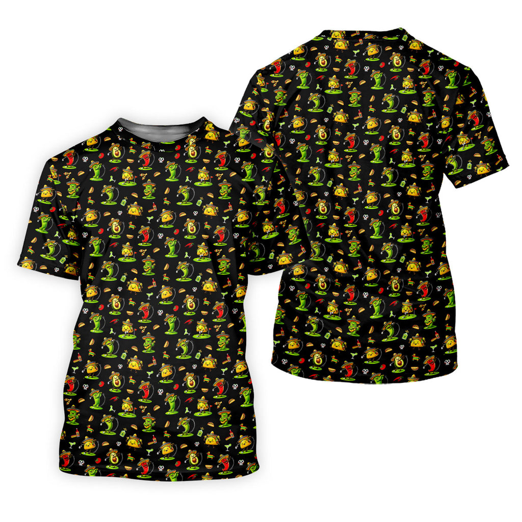 Mexican Cartoon Food Characters Cinco De Mayo Celebration Fiesta Themed Black Golf Shirts For Men