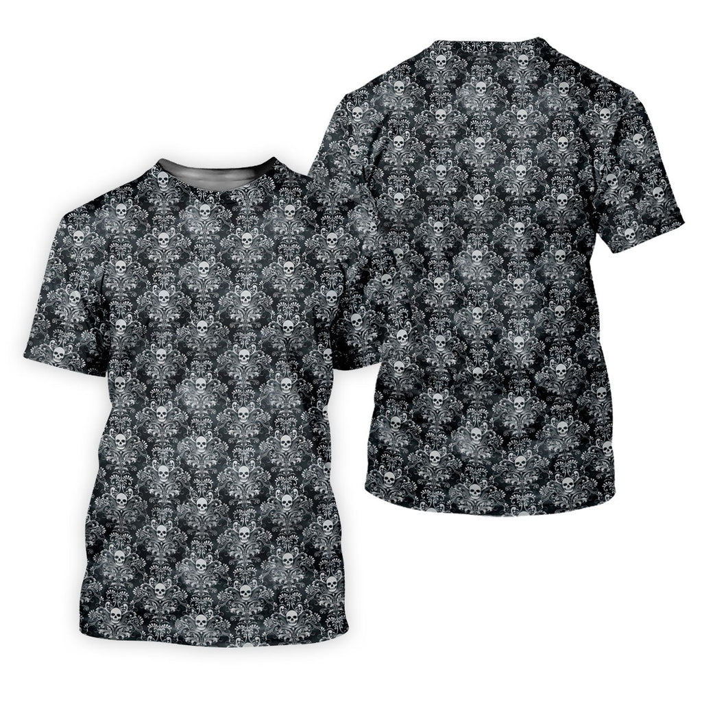 Skull Damask Charcoal Grey Gothic Floral Golf Tops For Men, Polo Shirts For Men, Golf Shirts For Men
