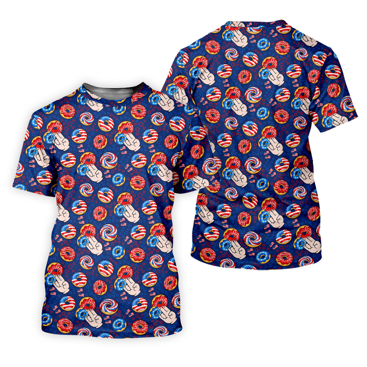 Donut Finger Funny Dirty American Flag Pattern Blue Golf Shirts For Men, 250th Anniversary Patriotic Golf Shirt