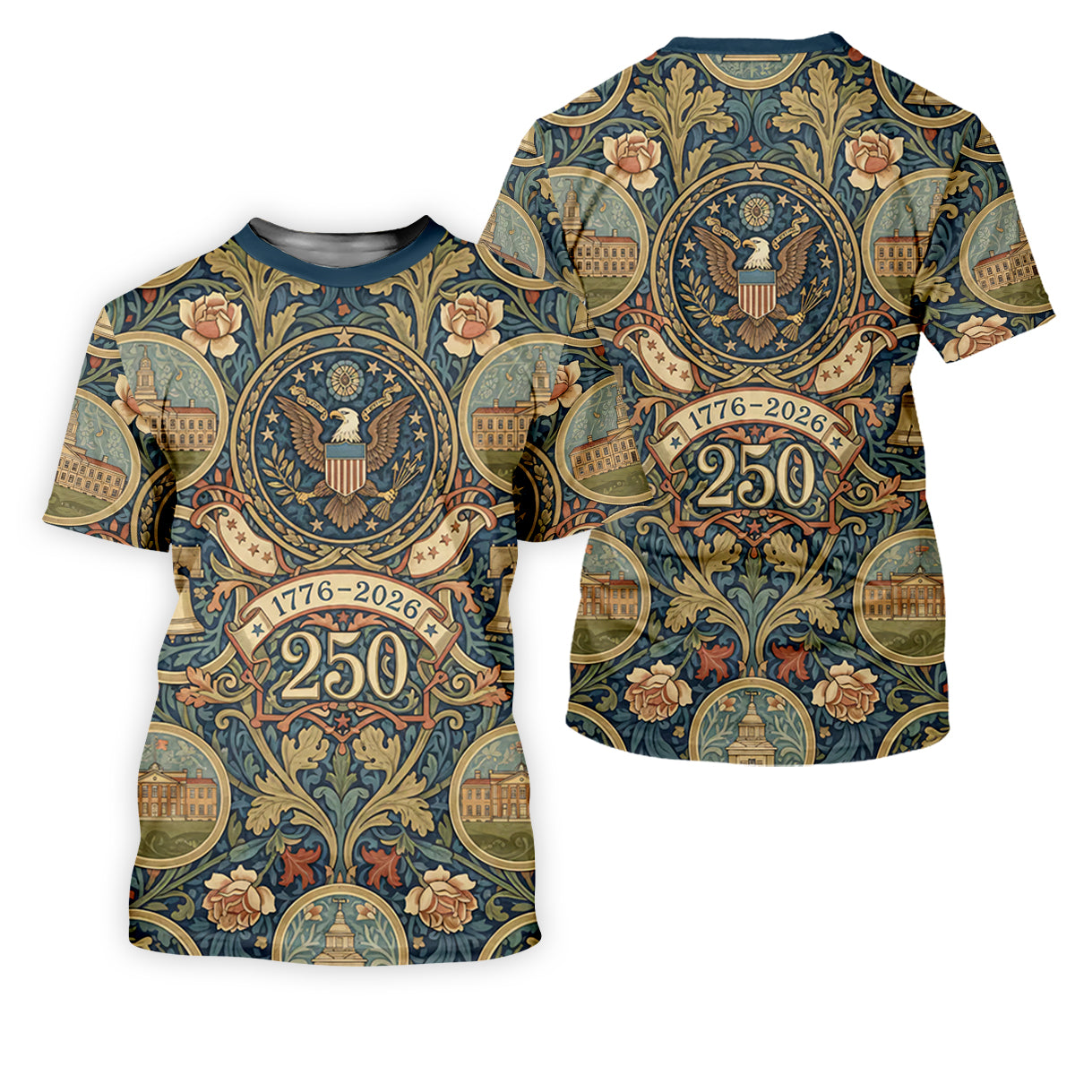 250th Anniversary Semiquincentennial American Landmarks Floral Golf Shirt, Golf Shirts For Men, Patriotic Golf Shirt