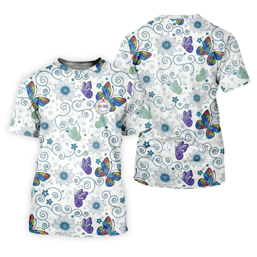 Autism Awareness Flower And Butterfly Puzzle Ribbon Men's Golf Shirt, Polo Shirts For Men