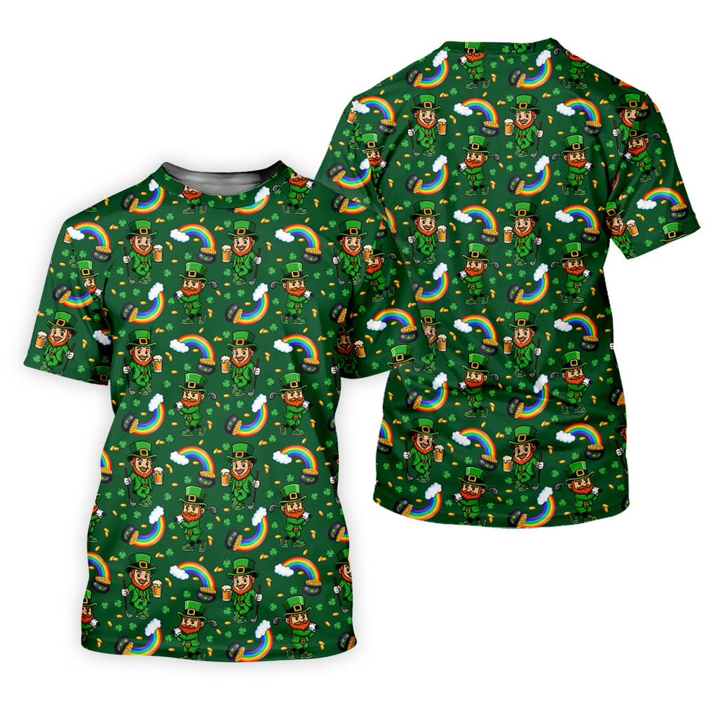 St Patrick's Day Leprechaun Golf Pose Rainbow Gold Pot Shamrock Golf Shirt, Golf Tops For Men, Golf Shirts For Men