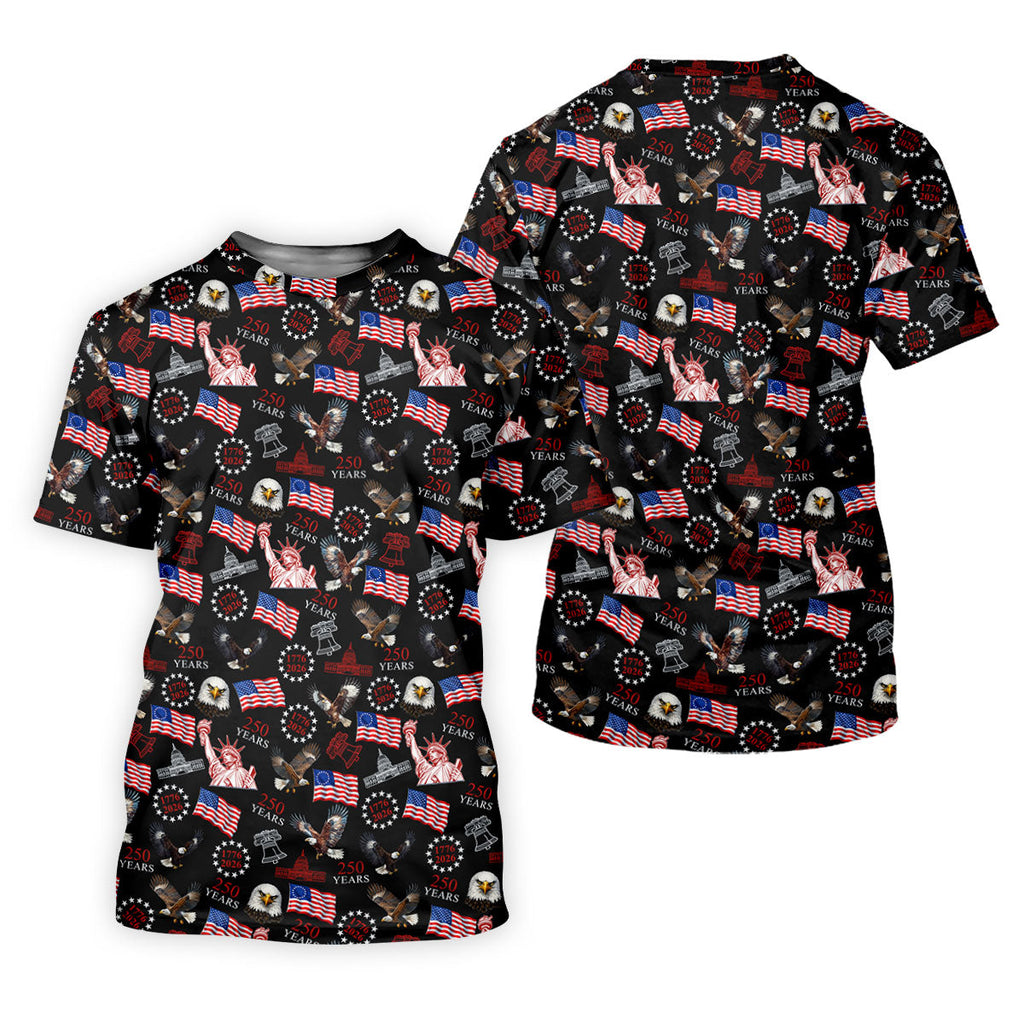 250 Years American Symbol Patriotic Pattern Black Golf Shirt, 4th Of July Golf Shirt, Golf Shirts For Men