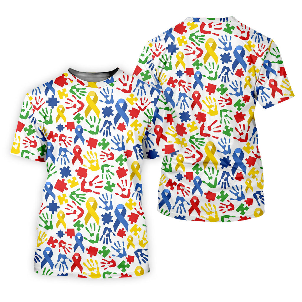 Autism Ribbon Colorful Puzzle Pieces Handprints Golf Tops For Men, Polo Shirts For Men, Golf Shirts For Men