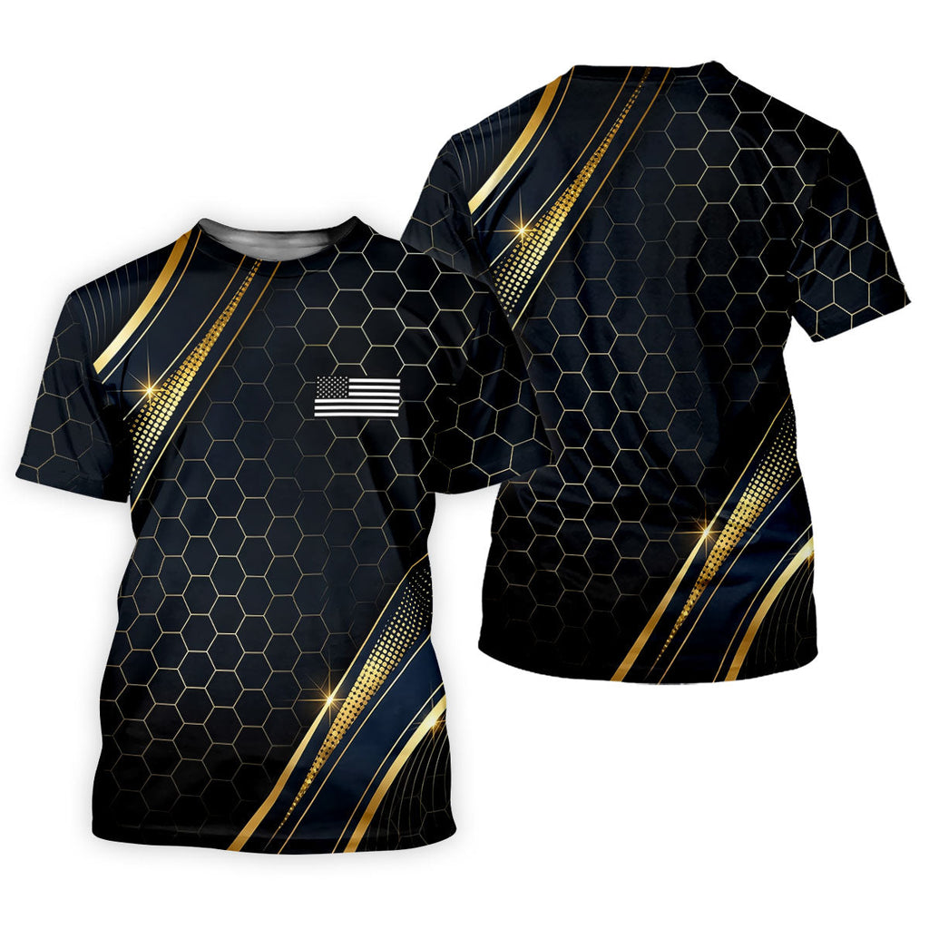 Gold Hexagonal US Flag Logo Retro Golf Shirt, 250 Years Patriotic 4th Of July Golf Shirts For Men