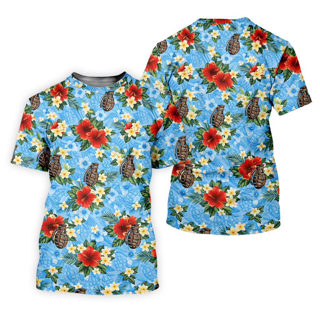 Floral Pattern Army Theme Hawaiian Blue Golf Shirt, Men's Golf Polo Shirts, Golf Shirts For Men