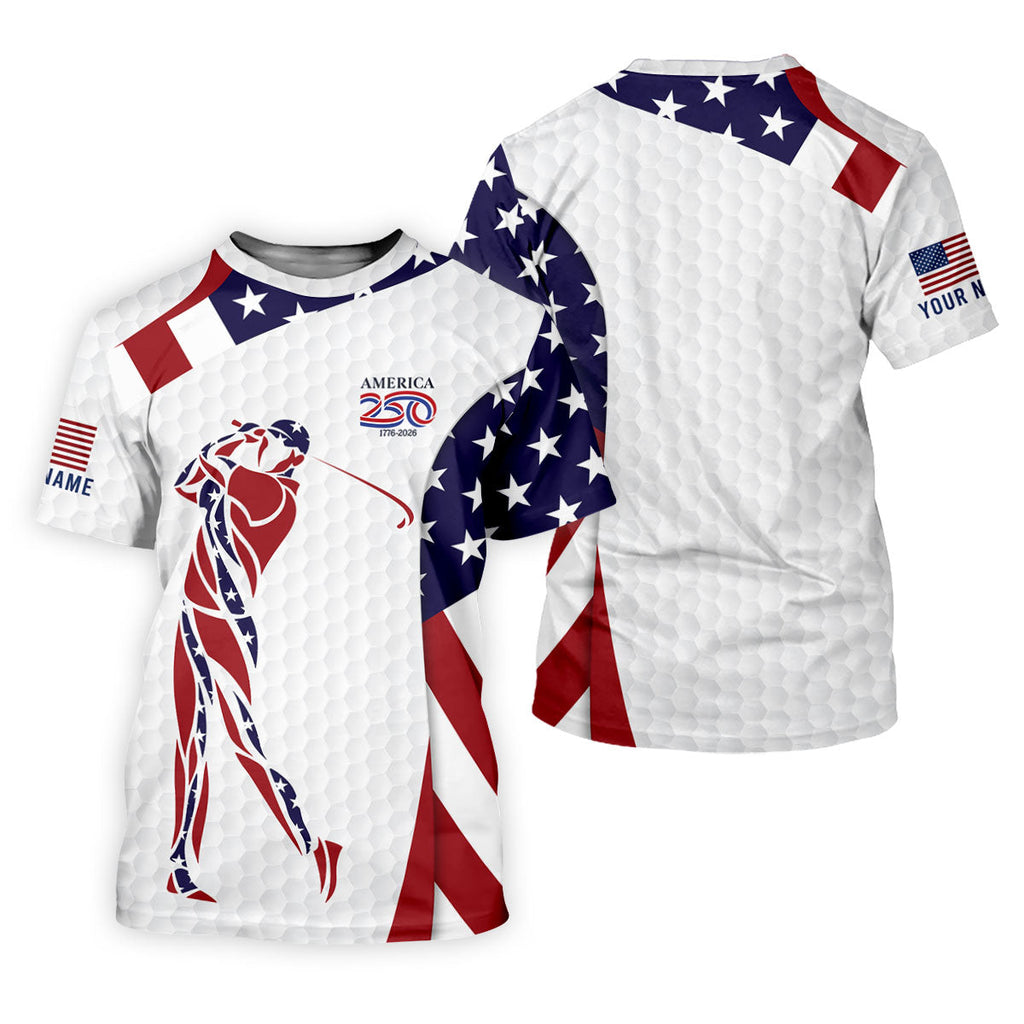 America 250 Golfer Pose Golf Ball Pattern 4th Of July Golf Shirt, Patriotic Golf Shirt, Golf Shirts For Men