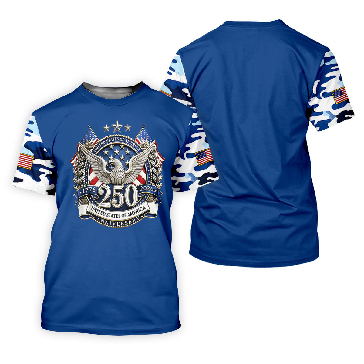Patriotic Bald Eagle Blue And White Camo Blue Golf Shirt, 250th Anniversary Golf Shirts For Men